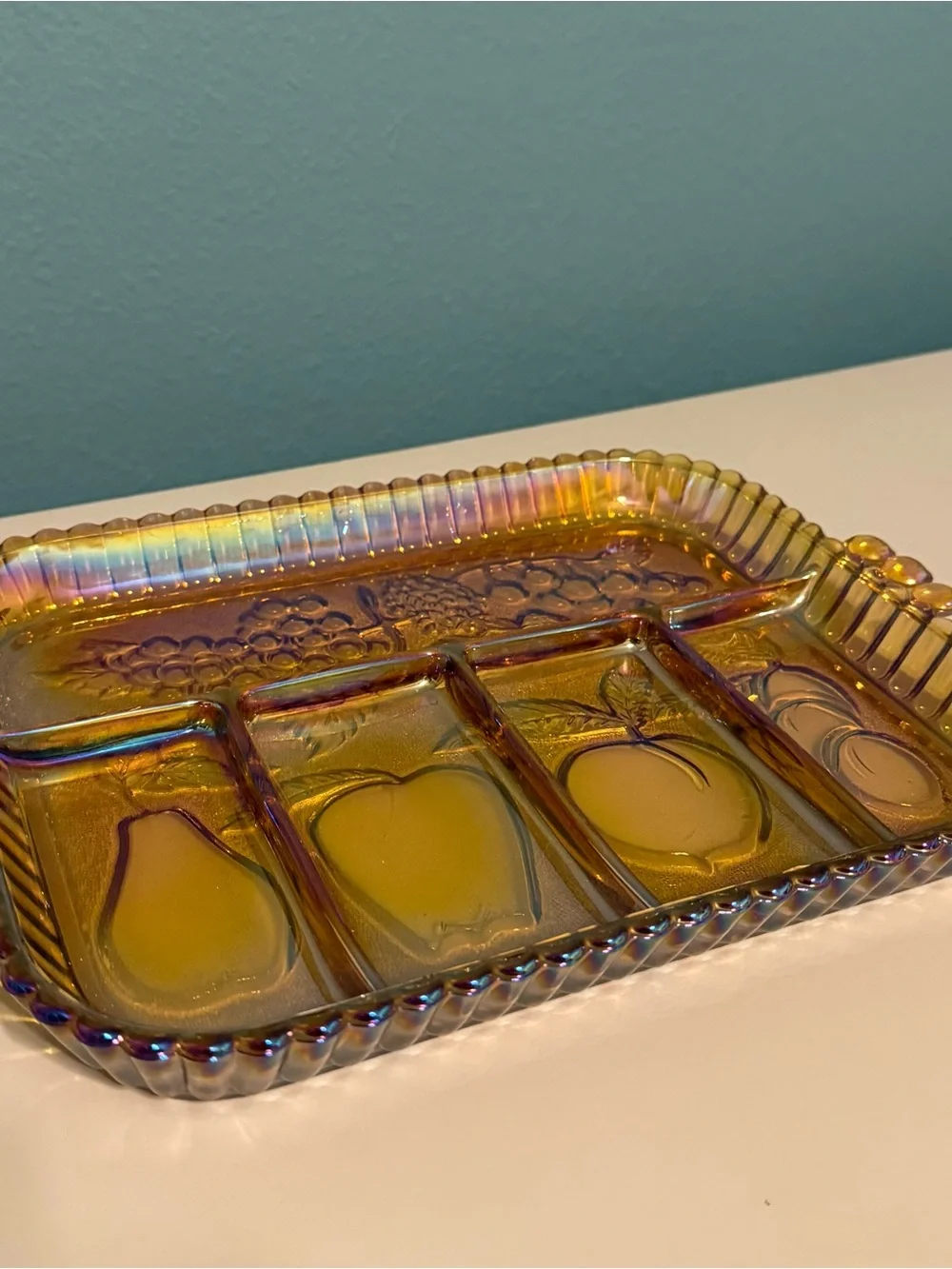 Indiana Marigold Carnival Iridescent Glass Divided Tray Platter Fruit Pattern